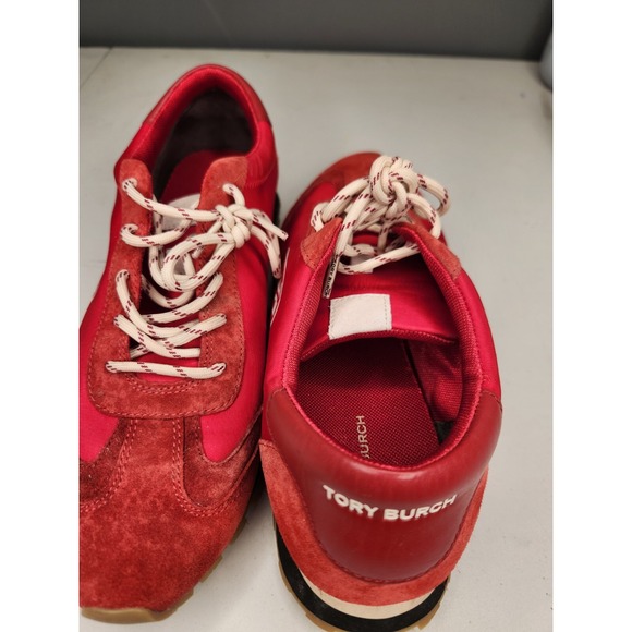 Slightly Used Tory Burch Womens 11 Annie Nylon Runner w/ Red and White Suede - Picture 3 of 6